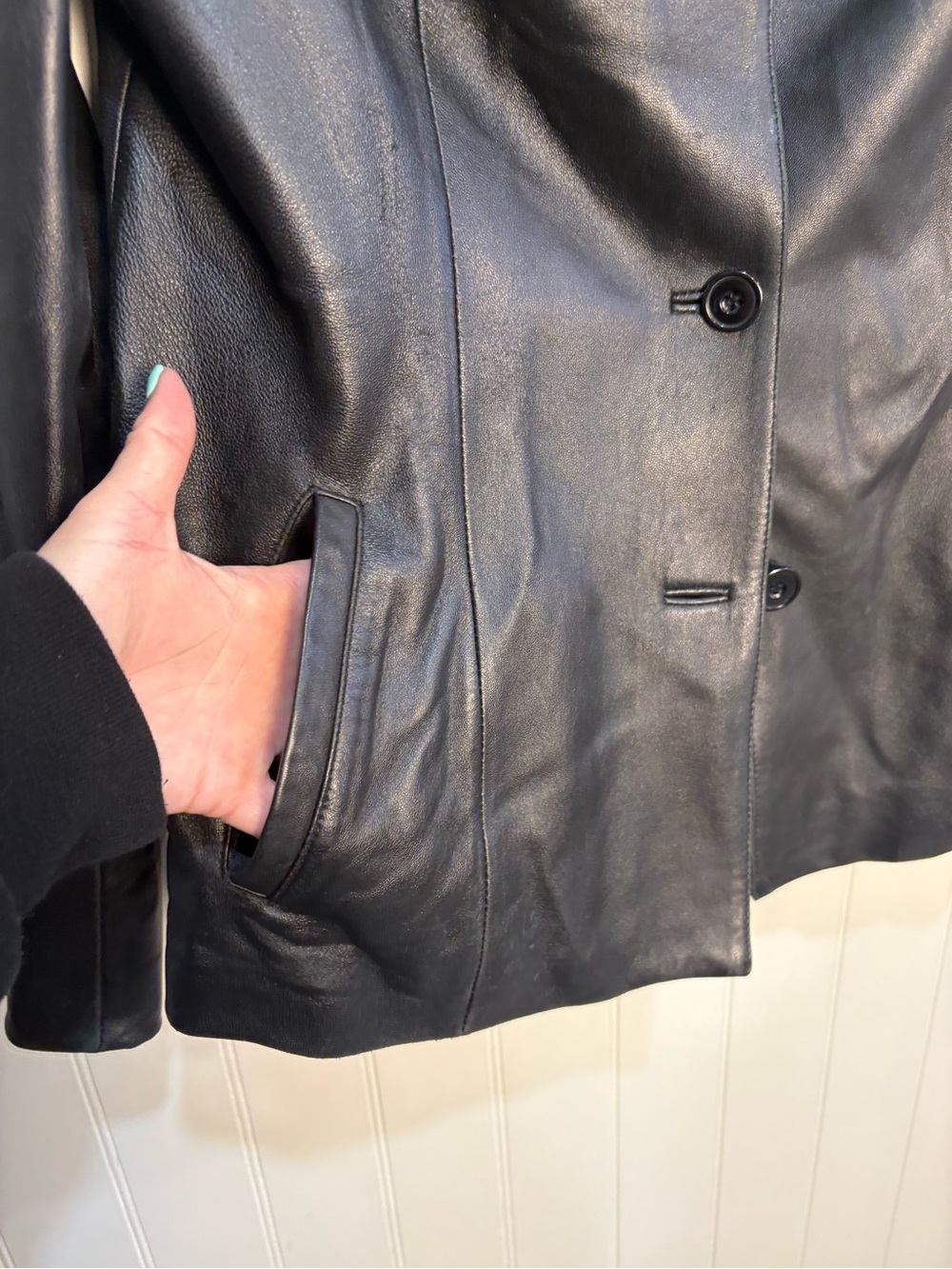 Vintage Black Genuine Leather Jacket Women’s Tailored Minimalist 90s Coat 12 - Picture 9 of 13